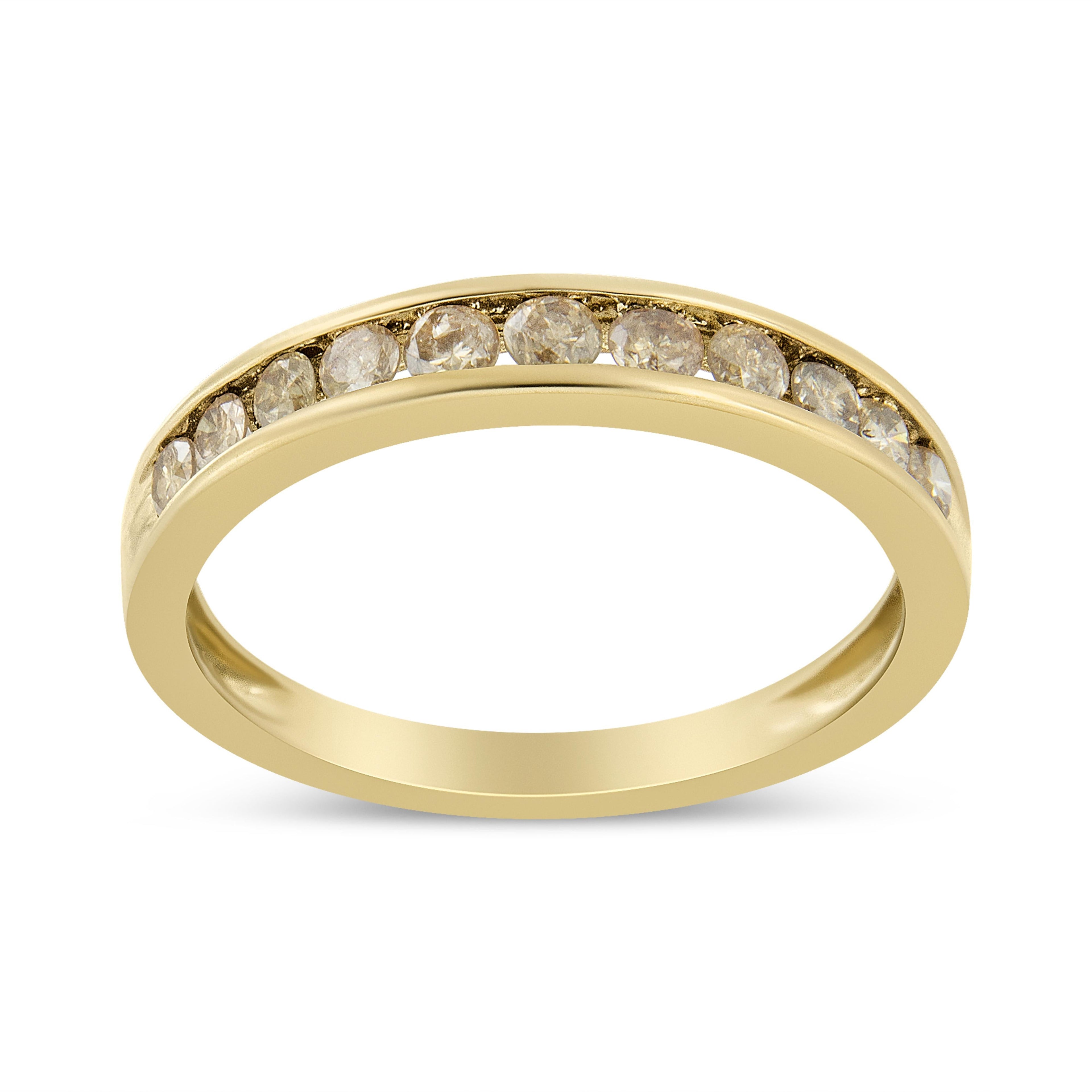 14K Yellow Gold Plated .925 Sterling Silver 1/2 Carat Total Weight Channel Set Round Champagne Diamond 11 Stone Band Ring (K-L Color, I1-I2 Clarity) - Size 7