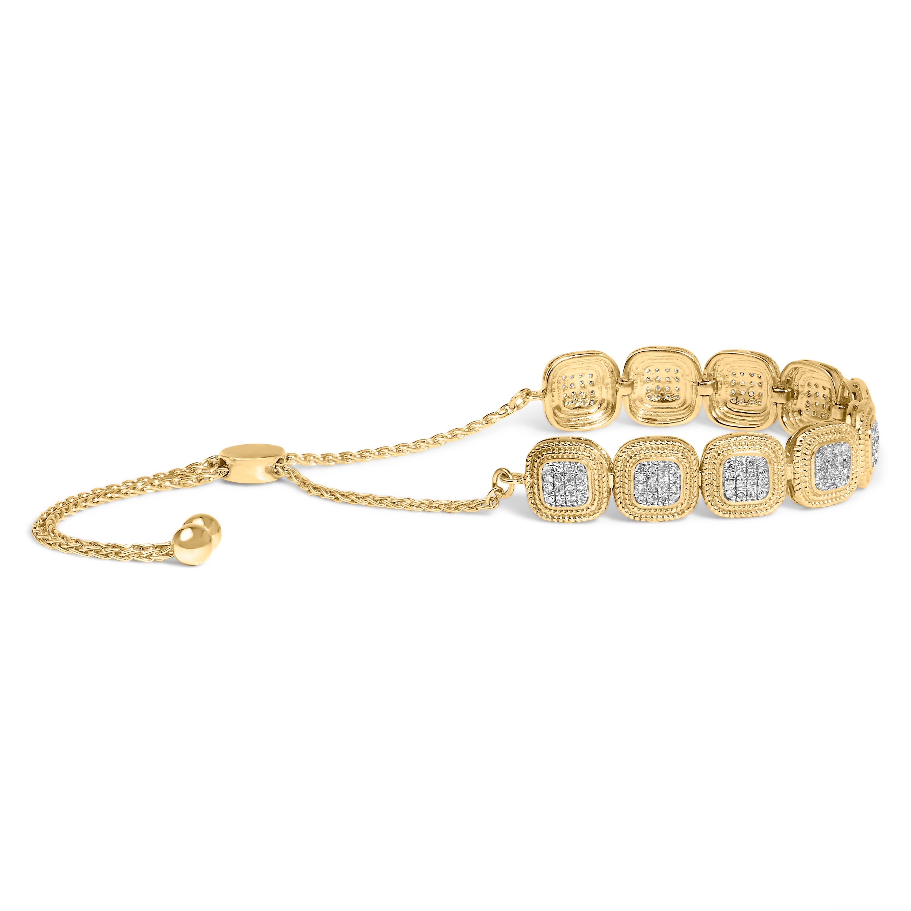 14k Yellow Gold Plated .925 Sterling 5/8 Cttw Diamond Composite Cushion Frame 4"-10" Adjustable Bolo Bracelet (G-H Color, I1-I2 Clarity)