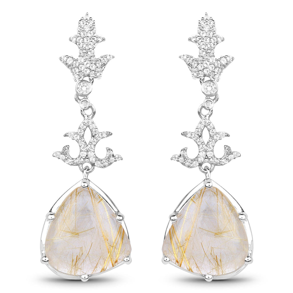 15.97 Carat Genuine Golden Rutile and White Topaz .925 Sterling Silver Earrings