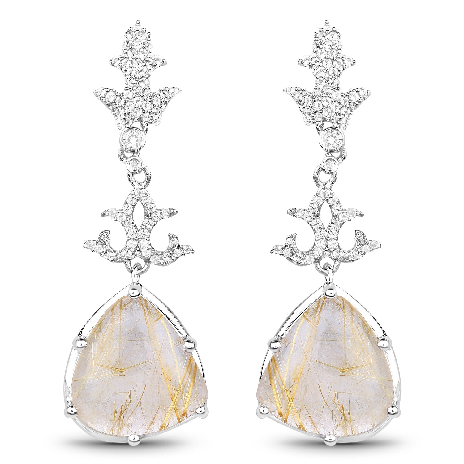15.97 Carat Genuine Golden Rutile and White Topaz .925 Sterling Silver Earrings