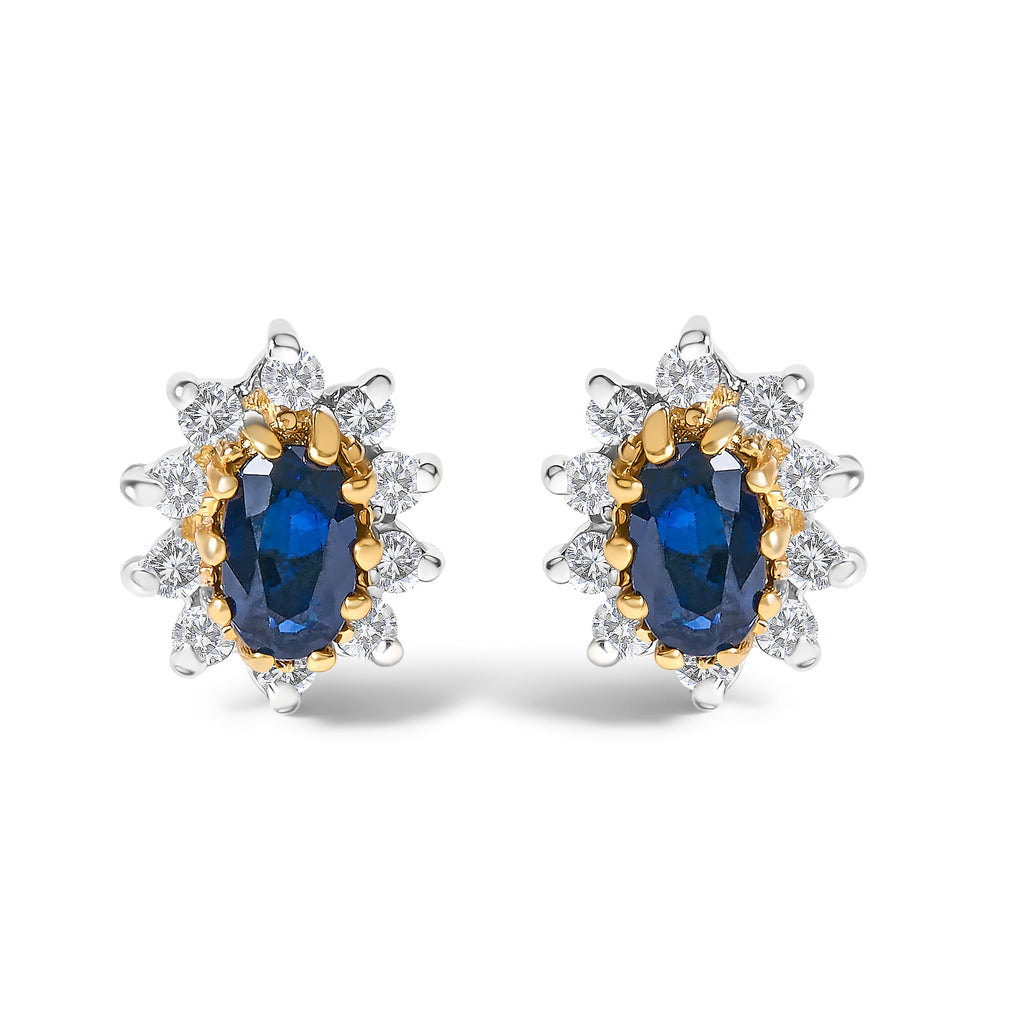 14K Yellow Gold 1/4 Carat Total Weight Diamond and Blue Sapphire Sunburst Halo Stud Earrings (K-L Color, I1-I2 Clarity)