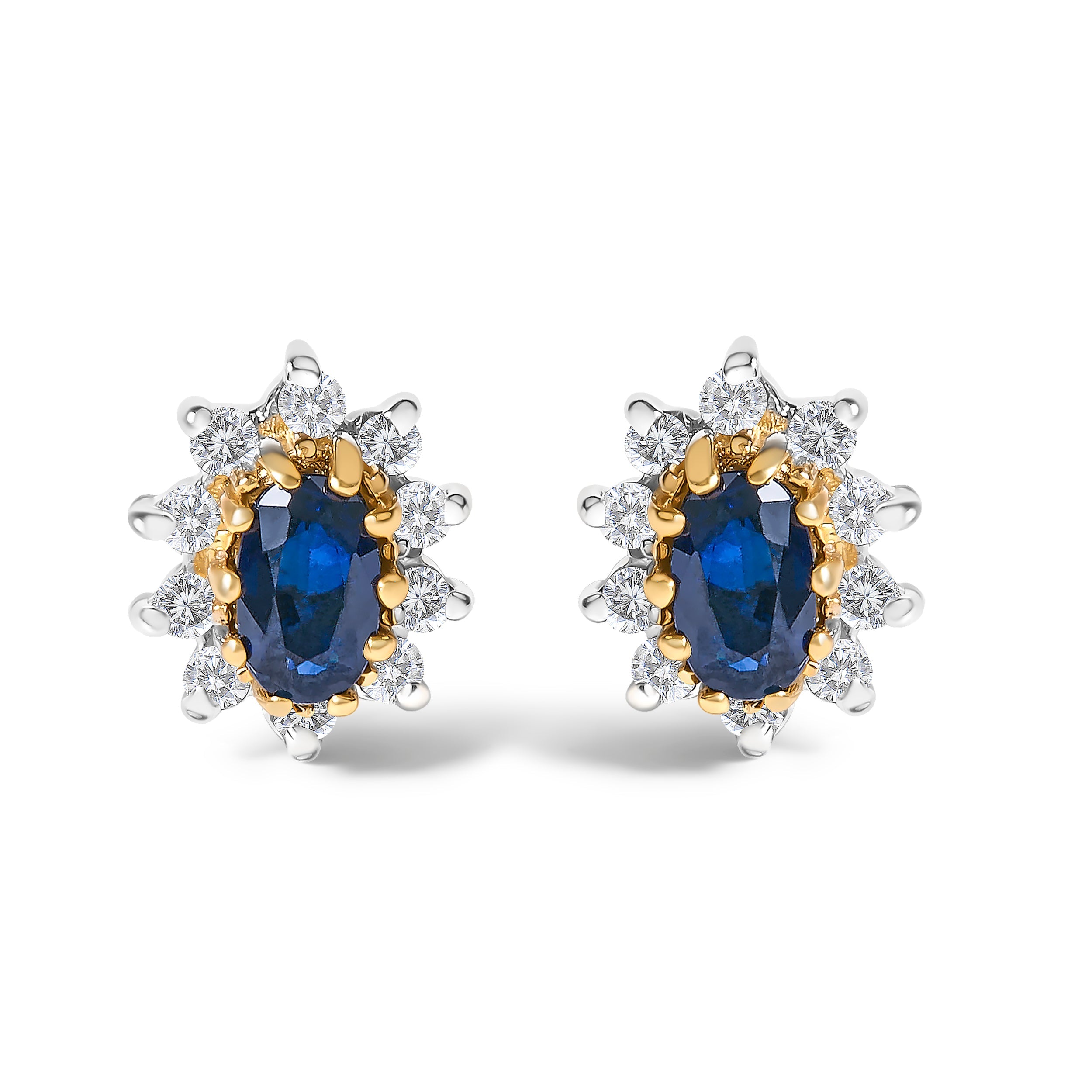 14K Yellow Gold 1/4 Carat Total Weight Diamond and Blue Sapphire Sunburst Halo Stud Earrings (K-L Color, I1-I2 Clarity)