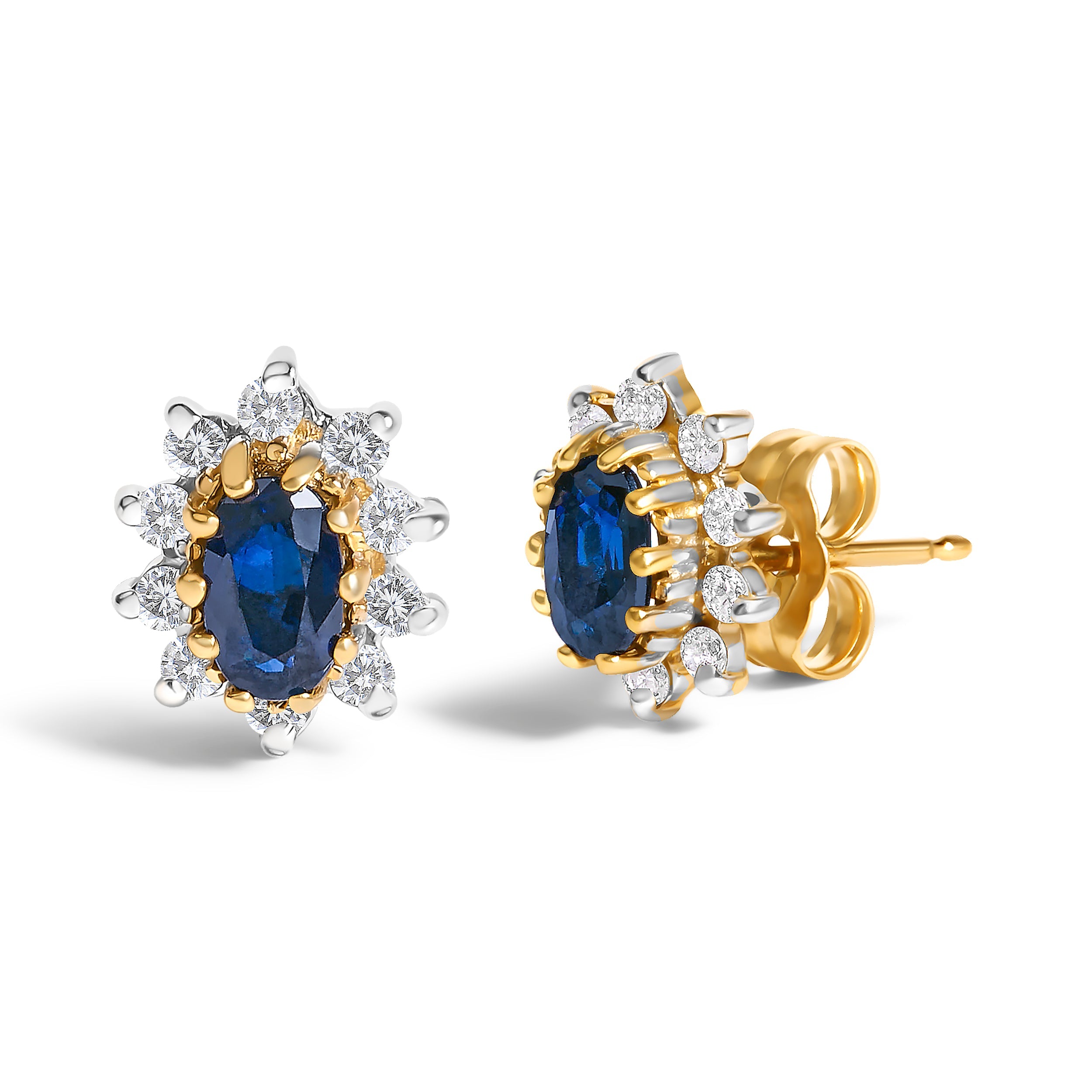 14K Yellow Gold 1/4 Carat Total Weight Diamond and Blue Sapphire Sunburst Halo Stud Earrings (K-L Color, I1-I2 Clarity)
