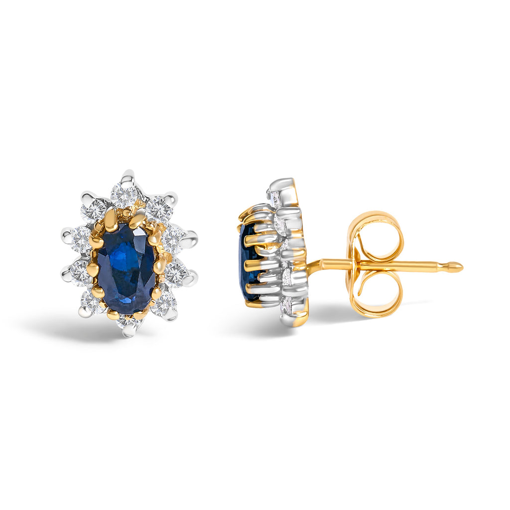 14K Yellow Gold 1/4 Carat Total Weight Diamond and Blue Sapphire Sunburst Halo Stud Earrings (K-L Color, I1-I2 Clarity)