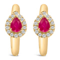 10K Yellow Gold Pear Cut Red Ruby 4x3 mm and 1/10 Cttw Round Diamond Huggy Earrings (I-J Color, I1-I2 Clarity)