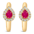 10K Yellow Gold Pear Cut Red Ruby 4x3 mm and 1/10 Cttw Round Diamond Huggie Earrings (I-J Color, I1-I2 Clarity)