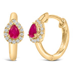 10K Yellow Gold Pear Cut Red Ruby 4x3 mm and 1/10 Cttw Round Diamond Huggie Earrings (I-J Color, I1-I2 Clarity)