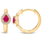 10K Yellow Gold Pear Cut Red Ruby 4x3 mm and 1/10 Cttw Round Diamond Huggie Earrings (I-J Color, I1-I2 Clarity)