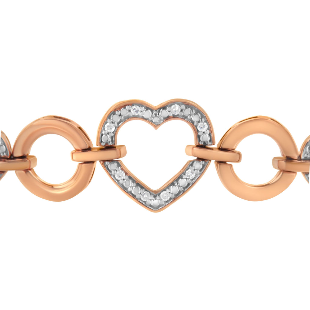 14K Rose Gold Plated .925 Sterling Silver Diamond Accent Circle and Heart Link Adjustable 6"-10" Bolo Bracelet (I-J Color, I3 Clarity)
