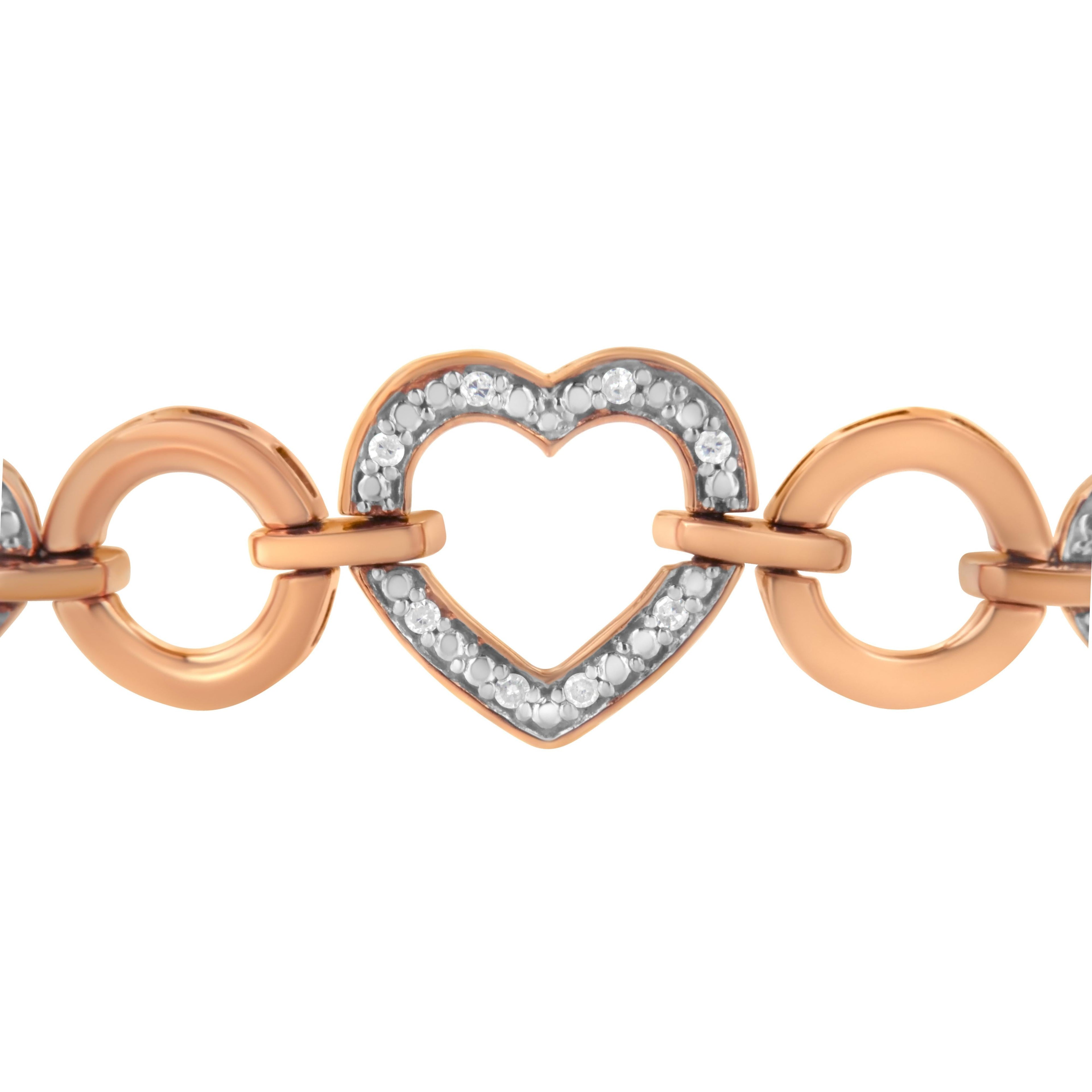 14K Rose Gold Plated .925 Sterling Silver Diamond Accent Circle and Heart Link Adjustable 6"-10" Bolo Bracelet (I-J Color, I3 Clarity)