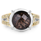 3.28 Carat Genuine Smoky Quartz, Yellow Diamond & White Diamond .925 Sterling Silver Ring