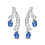 14K White Gold 4x3MM Oval Shaped Natural Blue Tanzanite Gemstone and 1/5 Cttw Diamond Double 3/4" Inch Drop Stud Earrings (H-I Color, VS1-VS2 Clarity)