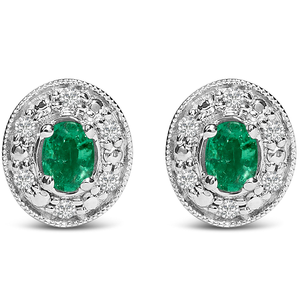 14K White Gold Oval Green Emerald and 1/10 Cttw Diamond Halo Stud Earrings (I-J Color, I1-I2 Clarity)