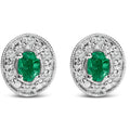 14K White Gold Oval Green Emerald and 1/10 Cttw Diamond Halo Stud Earrings (I-J Color, I1-I2 Clarity)