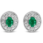 14K White Gold Oval Green Emerald and 1/10 Cttw Diamond Halo Stud Earrings  (I-J Color, I1-I2 Clarity)