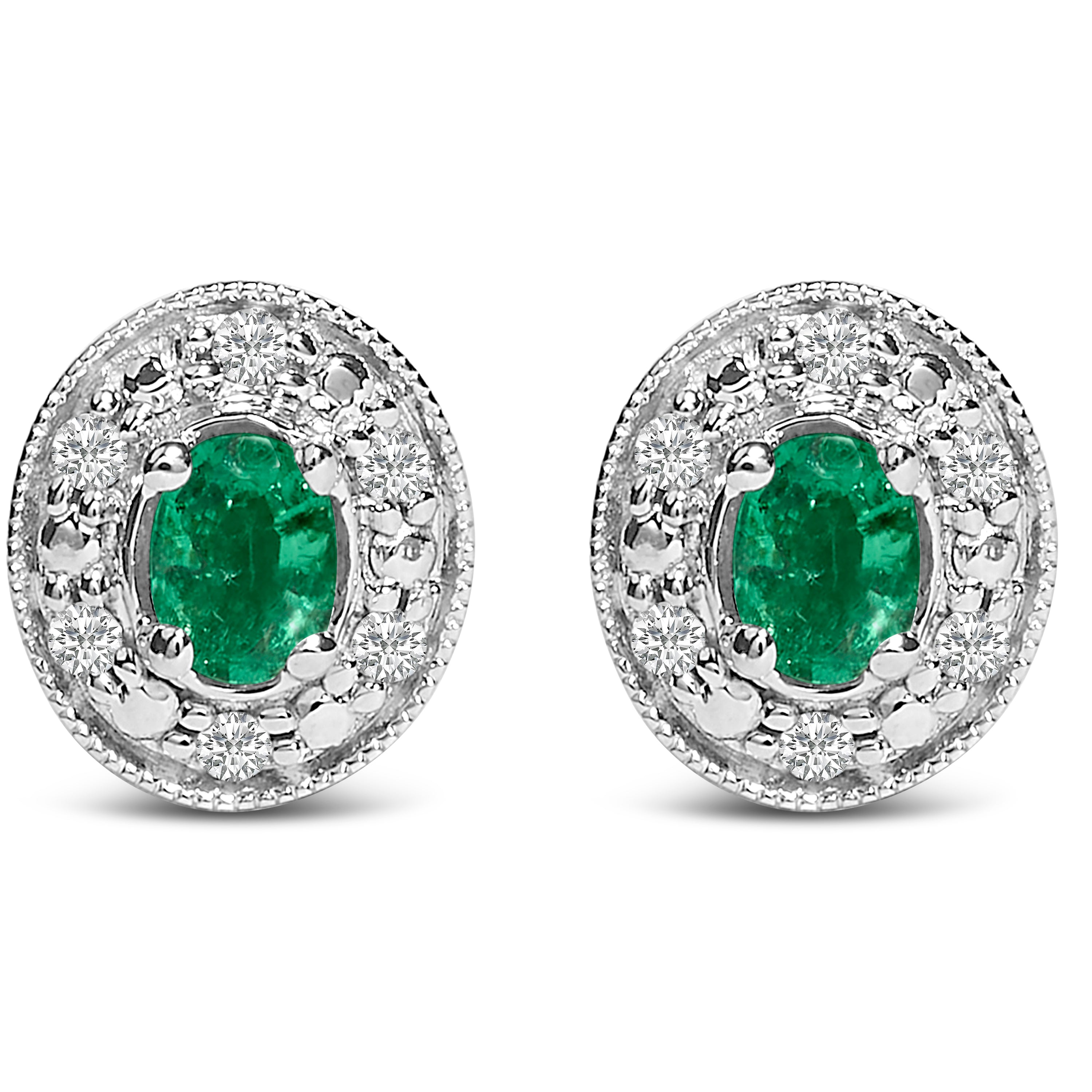 14K White Gold Oval Green Emerald and 1/10 Cttw Diamond Halo Stud Earrings (I-J Color, I1-I2 Clarity)