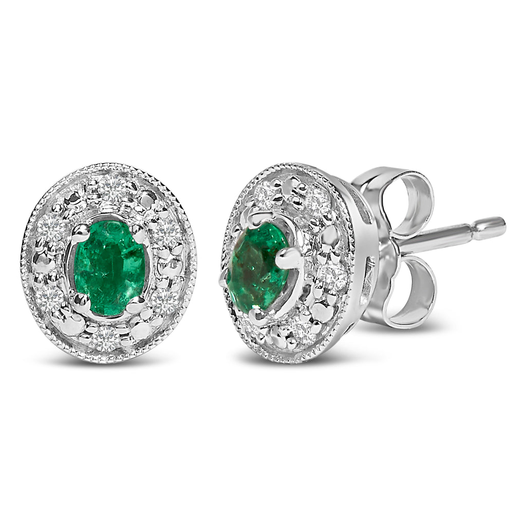 14K White Gold Oval Green Emerald and 1/10 Cttw Diamond Halo Stud Earrings (I-J Color, I1-I2 Clarity)