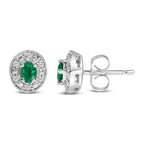 14K White Gold Oval Green Emerald and 1/10 Cttw Diamond Halo Stud Earrings  (I-J Color, I1-I2 Clarity)