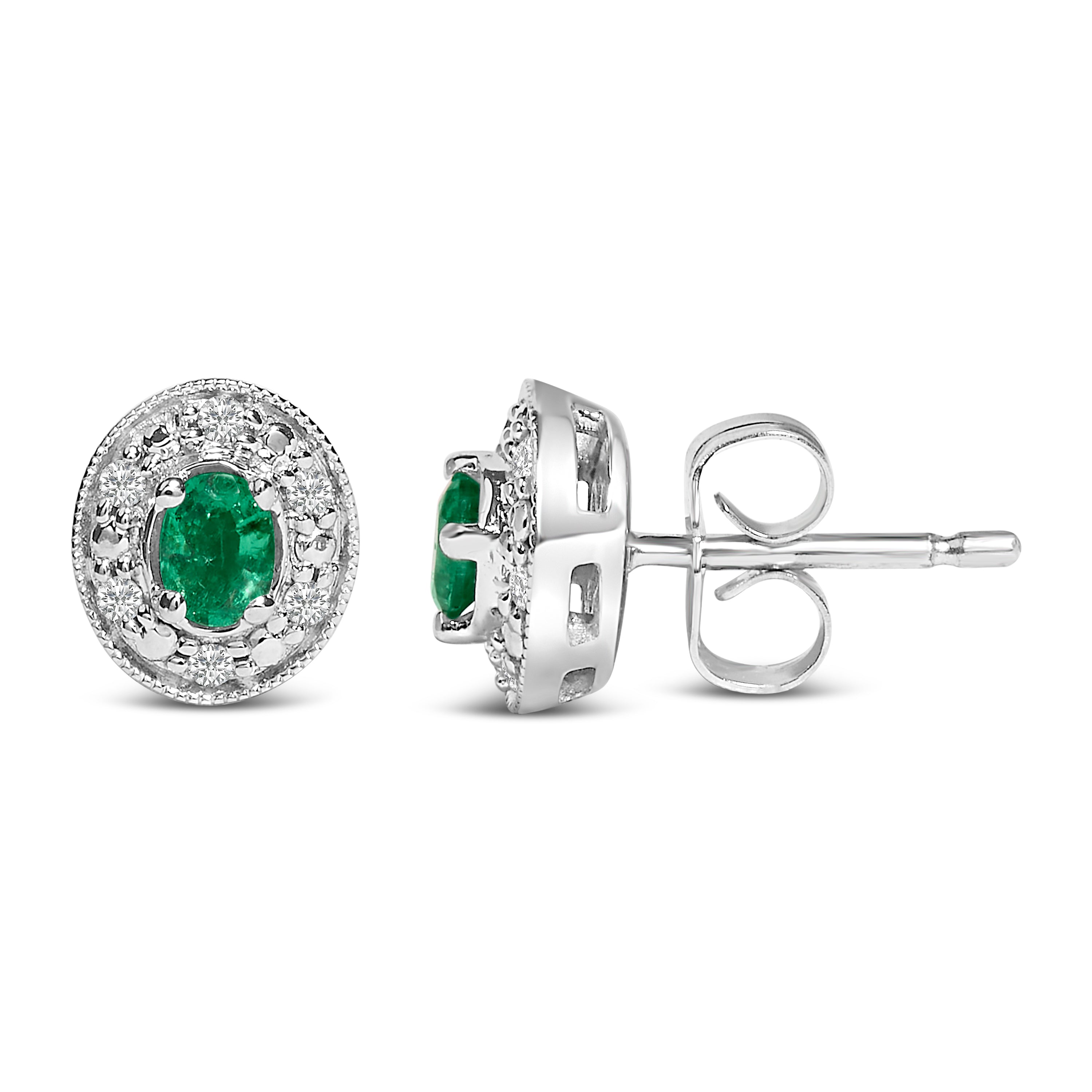14K White Gold Oval Green Emerald and 1/10 Cttw Diamond Halo Stud Earrings (I-J Color, I1-I2 Clarity)