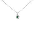 14K White Gold Oval Green Emerald and Diamond Halo Pendant Necklace - 18" Inches