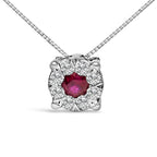 14K White Gold Red Ruby and 1/3 Cttw Diamond Halo Pendant Necklace