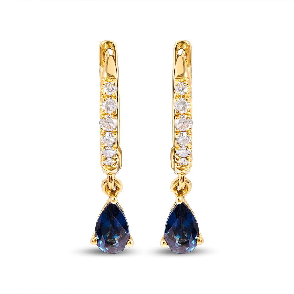 10K Yellow Gold Pear Blue Sapphire and 1/10 Carat Total Weight Diamond Drop and Dangle Huggie Hoop Earrings (H-I Color, I1-I2 Clarity)