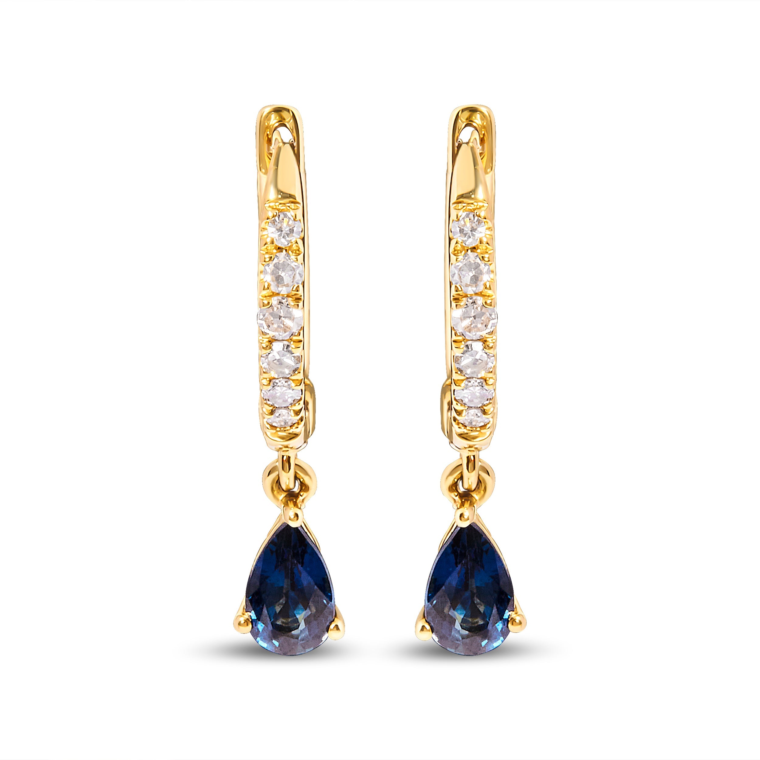 10K Yellow Gold Pear Blue Sapphire and 1/10 Carat Total Weight Diamond Drop and Dangle Huggie Hoop Earrings (H-I Color, I1-I2 Clarity)