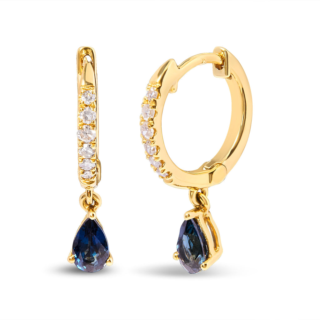 10K Yellow Gold Pear Blue Sapphire and 1/10 Carat Total Weight Diamond Drop and Dangle Huggie Hoop Earrings (H-I Color, I1-I2 Clarity)