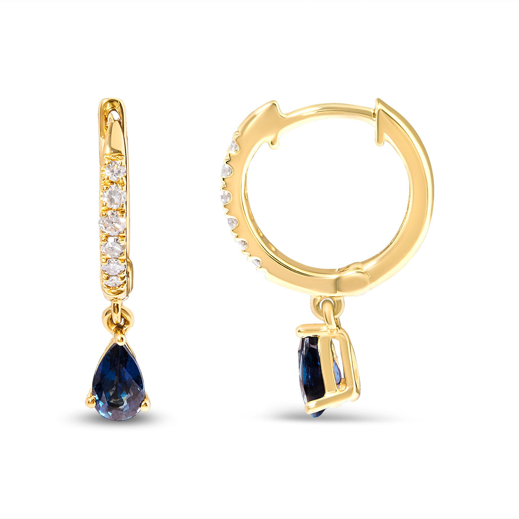 10K Yellow Gold Pear Blue Sapphire and 1/10 Carat Total Weight Diamond Drop and Dangle Huggie Hoop Earrings (H-I Color, I1-I2 Clarity)