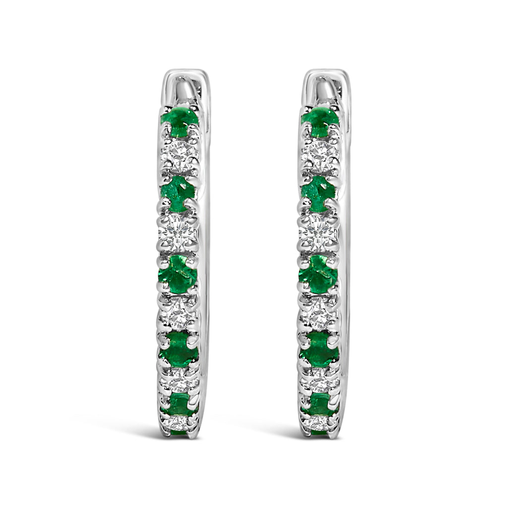 10K White Gold Alternating Emerald 1/10 Carat Total Weight Diamond Huggie Hoop Earrings (I-J Color, I1-I2 Clarity)