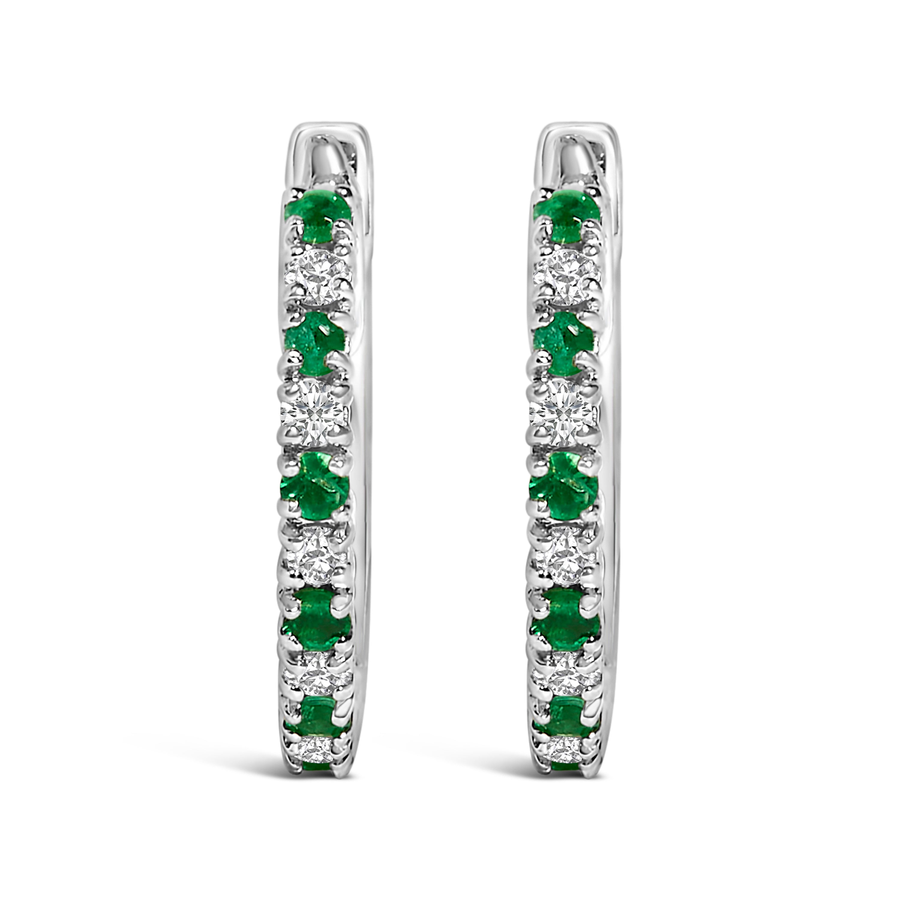 10K White Gold Alternating Emerald 1/10 Carat Total Weight Diamond Huggie Hoop Earrings (I-J Color, I1-I2 Clarity)