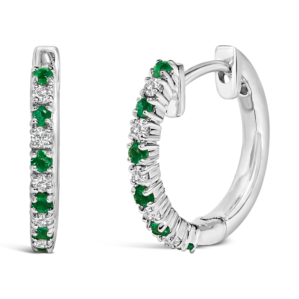 10K White Gold Alternating Emerald 1/10 Carat Total Weight Diamond Huggie Hoop Earrings (I-J Color, I1-I2 Clarity)