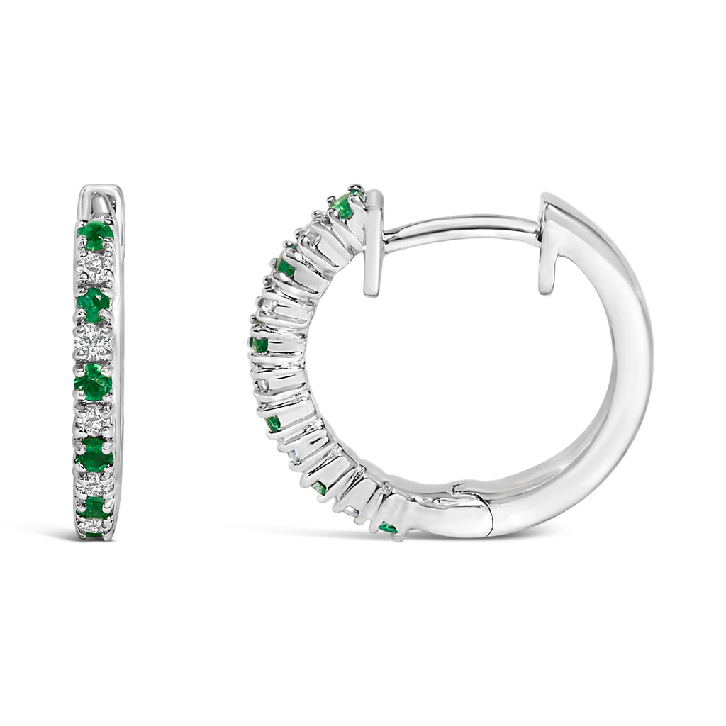 10K White Gold Alternating Emerald 1/10 Carat Total Weight Diamond Huggie Hoop Earrings (I-J Color, I1-I2 Clarity)