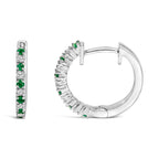 10K White Gold Alternating Emerald 1/10 Cttw Diamond Huggy Hoop Earrings (I-J Color, I1-I2 Clarity)