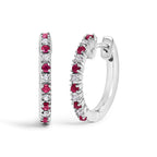 10K White Gold Alternating Diamond and Red Ruby Huggy Hoop Earrings (I-J Color, I1-I2 Clarity)