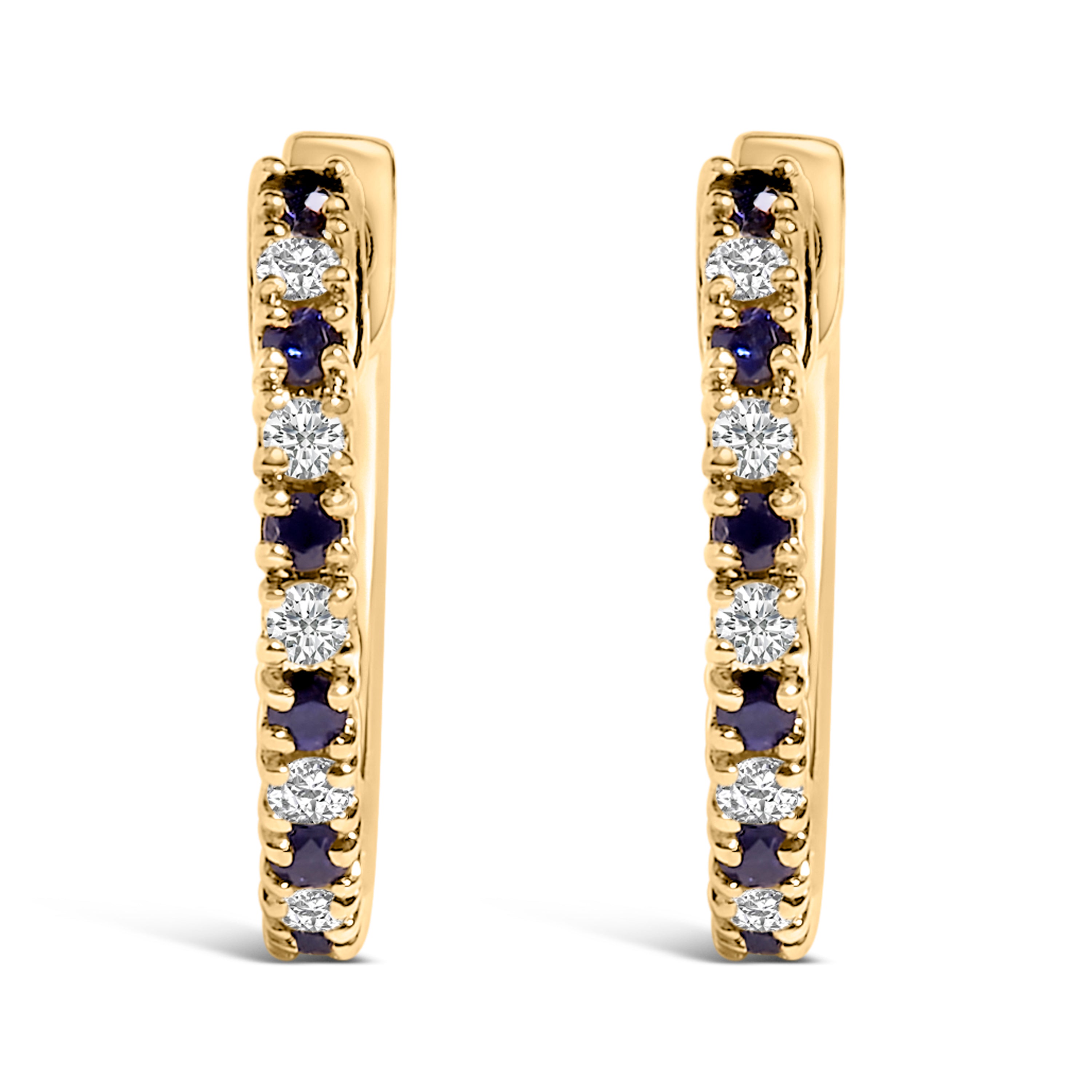 10K Yellow Gold Alternating Blue Sapphire 1/10 Cttw Diamond Huggie Hoop Earrings (I-J Color, I1-I2 Clarity)