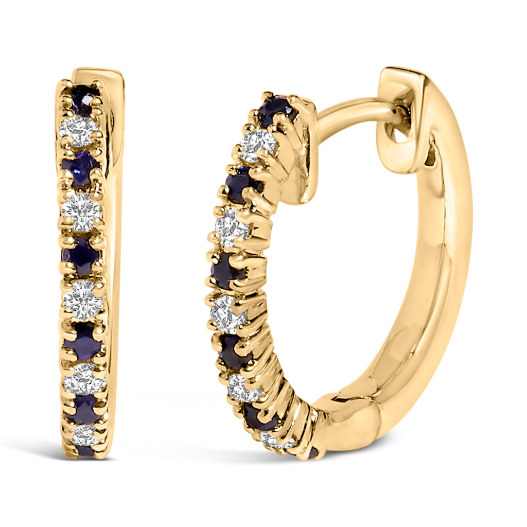 10K Yellow Gold Alternating Blue Sapphire 1/10 Cttw Diamond Huggie Hoop Earrings (I-J Color, I1-I2 Clarity)