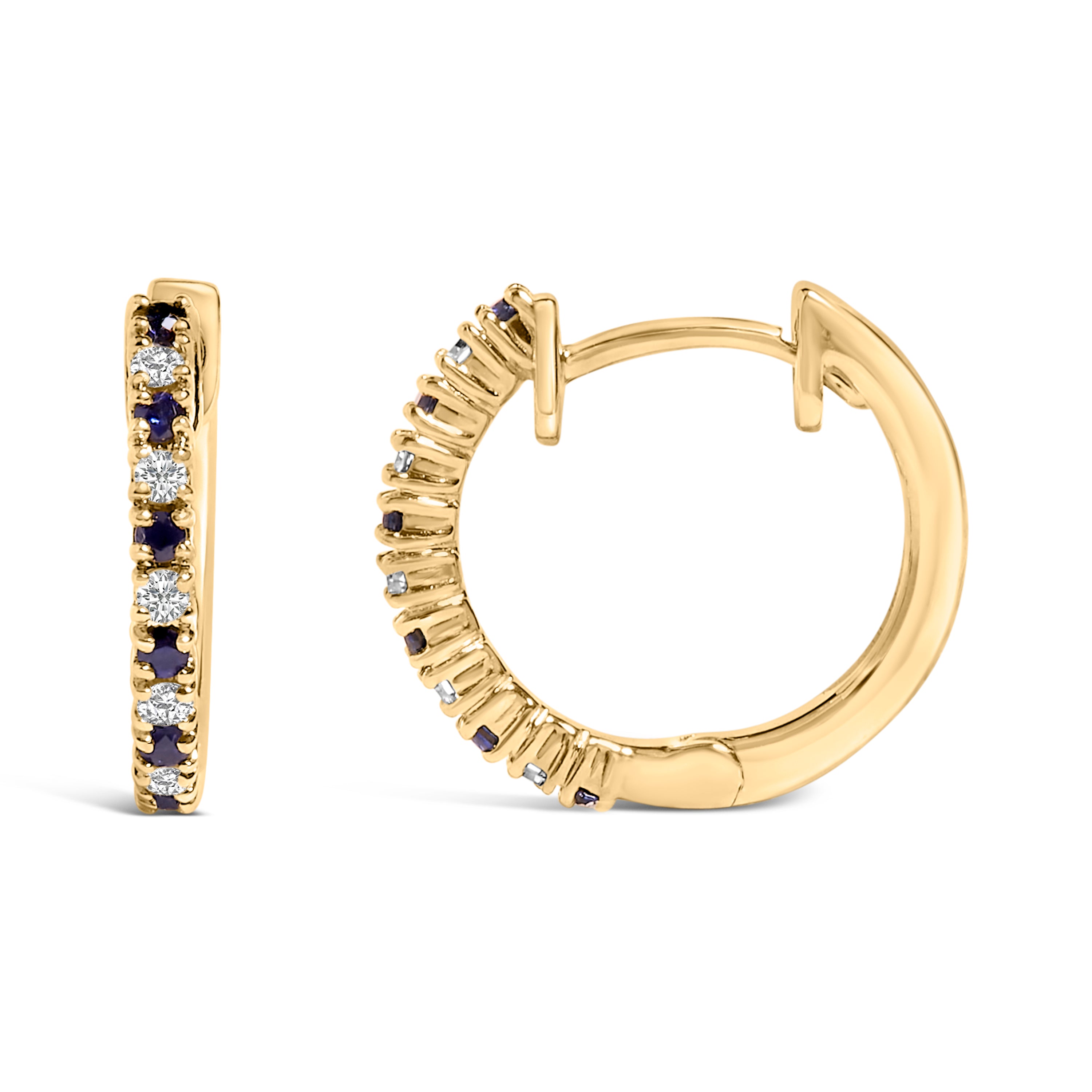 10K Yellow Gold Alternating Blue Sapphire 1/10 Cttw Diamond Huggie Hoop Earrings (I-J Color, I1-I2 Clarity)