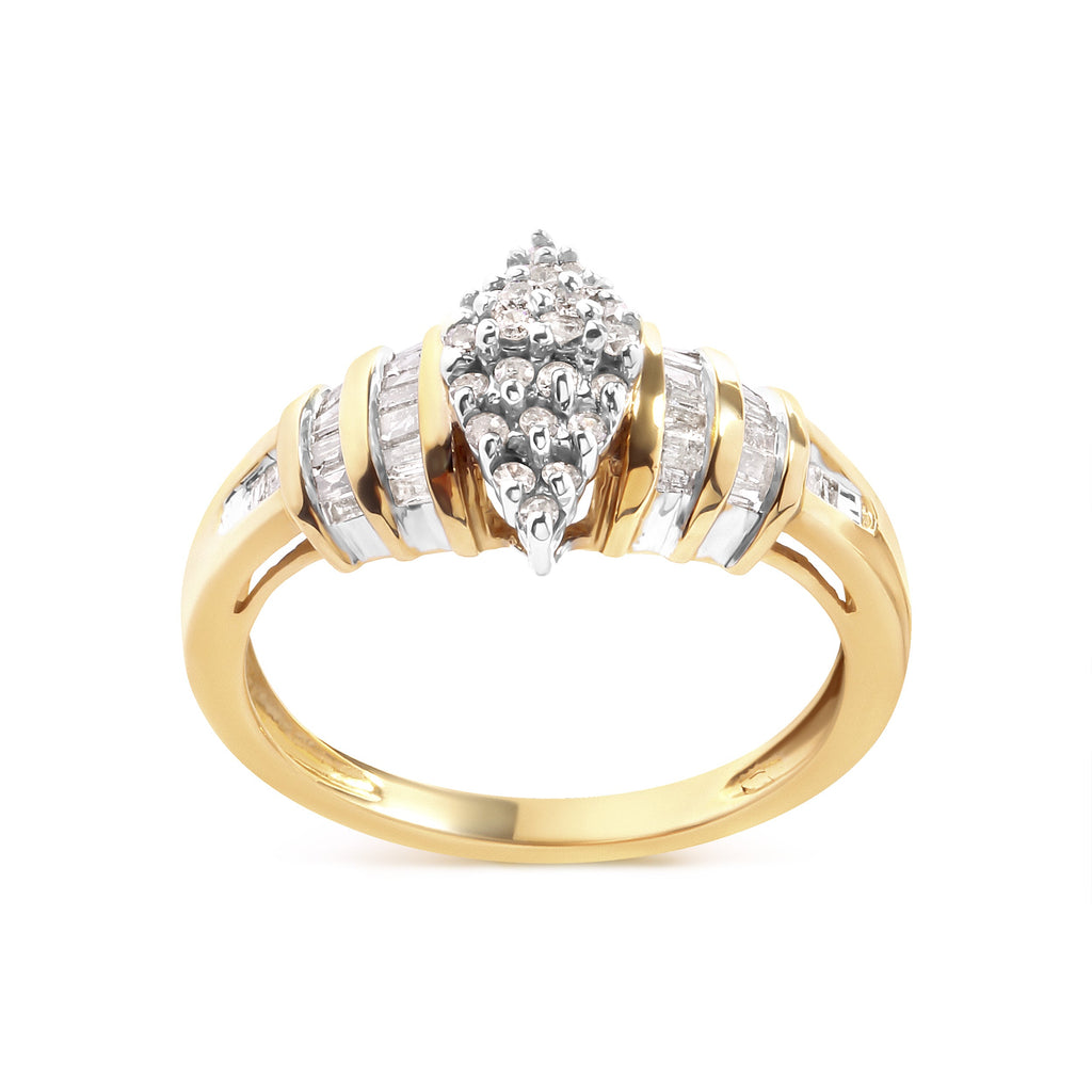 10K Yellow Gold 1/2 Cttw Diamond Pear Shaped Head and Multi Row Channel Set Shank Ring (H-I Color, SI2-I1 Clarity) - Ring Size 7