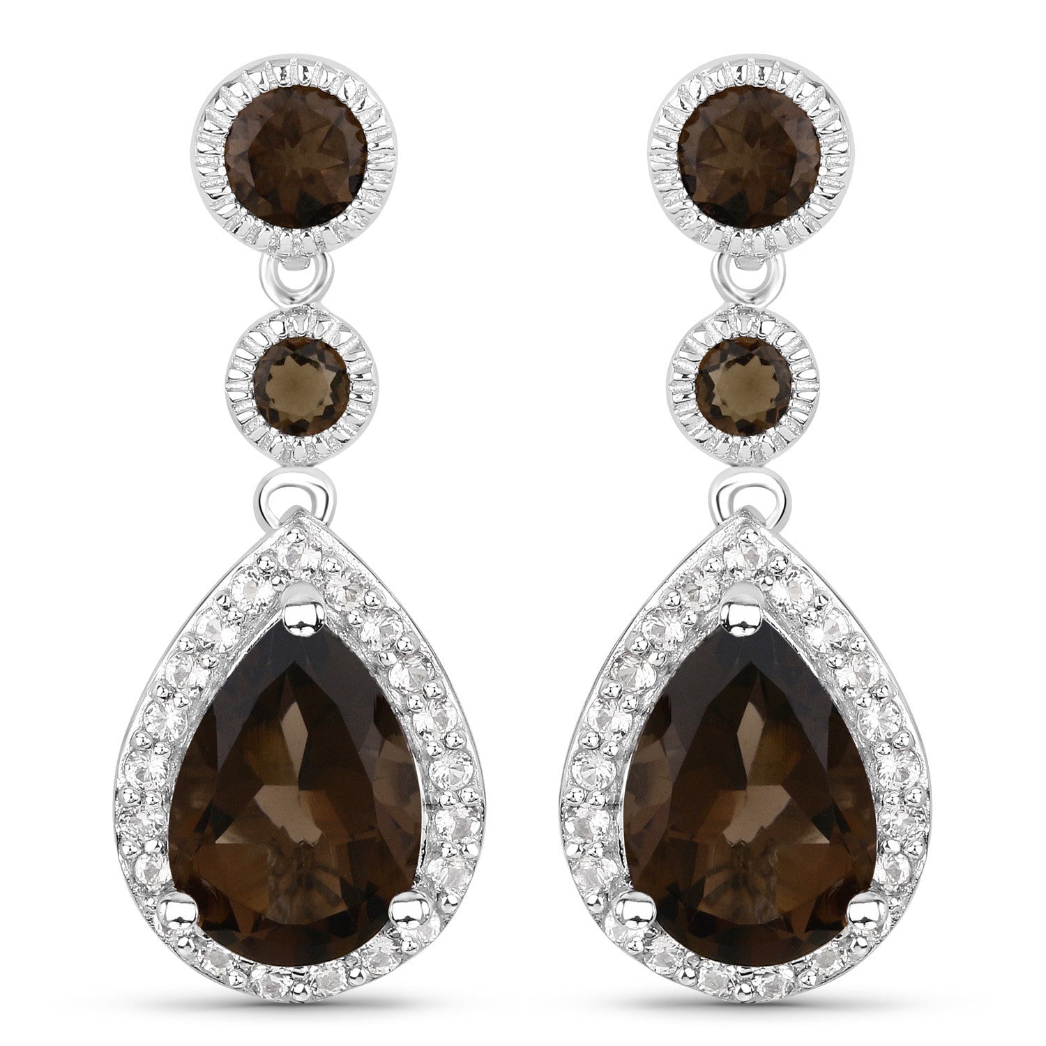 7.34 Carat Genuine Smoky Quartz and White Topaz .925 Sterling Silver Earrings