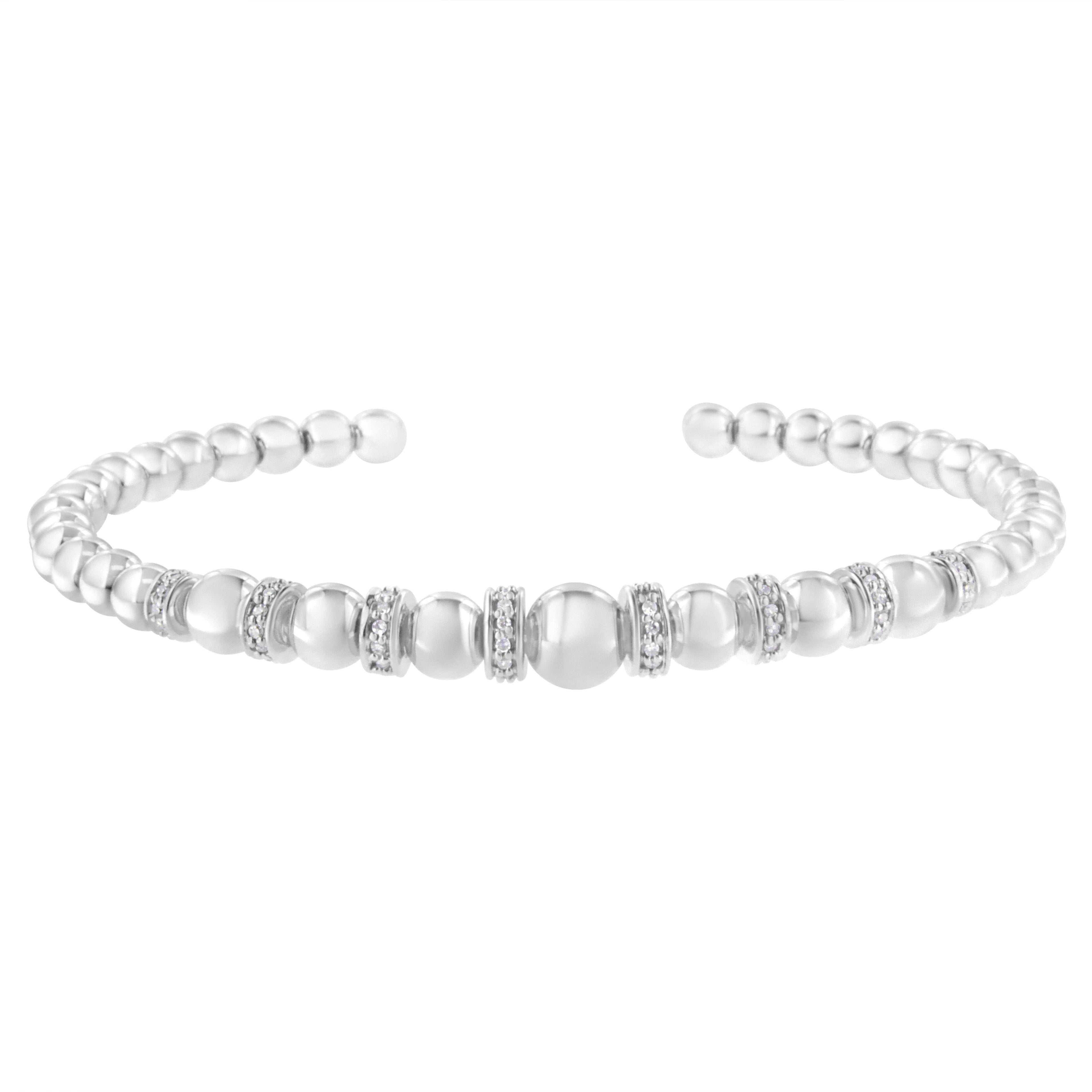 .925 Sterling Silver 1/4 Carat Total Weight Diamond Rondelle Graduated Ball Bead Cuff Bangle Bracelet (I-J color, I2-I3 clarity) - Fits wrists up to 7 1/2 inches