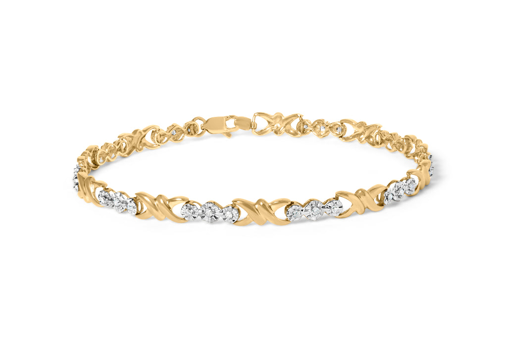 10k Yellow Gold 1/3 Carat Total Weight Diamond 3 Stone and X-Link Bracelet (I-J Color, I1-I2 Clarity) - 7.50" Inches