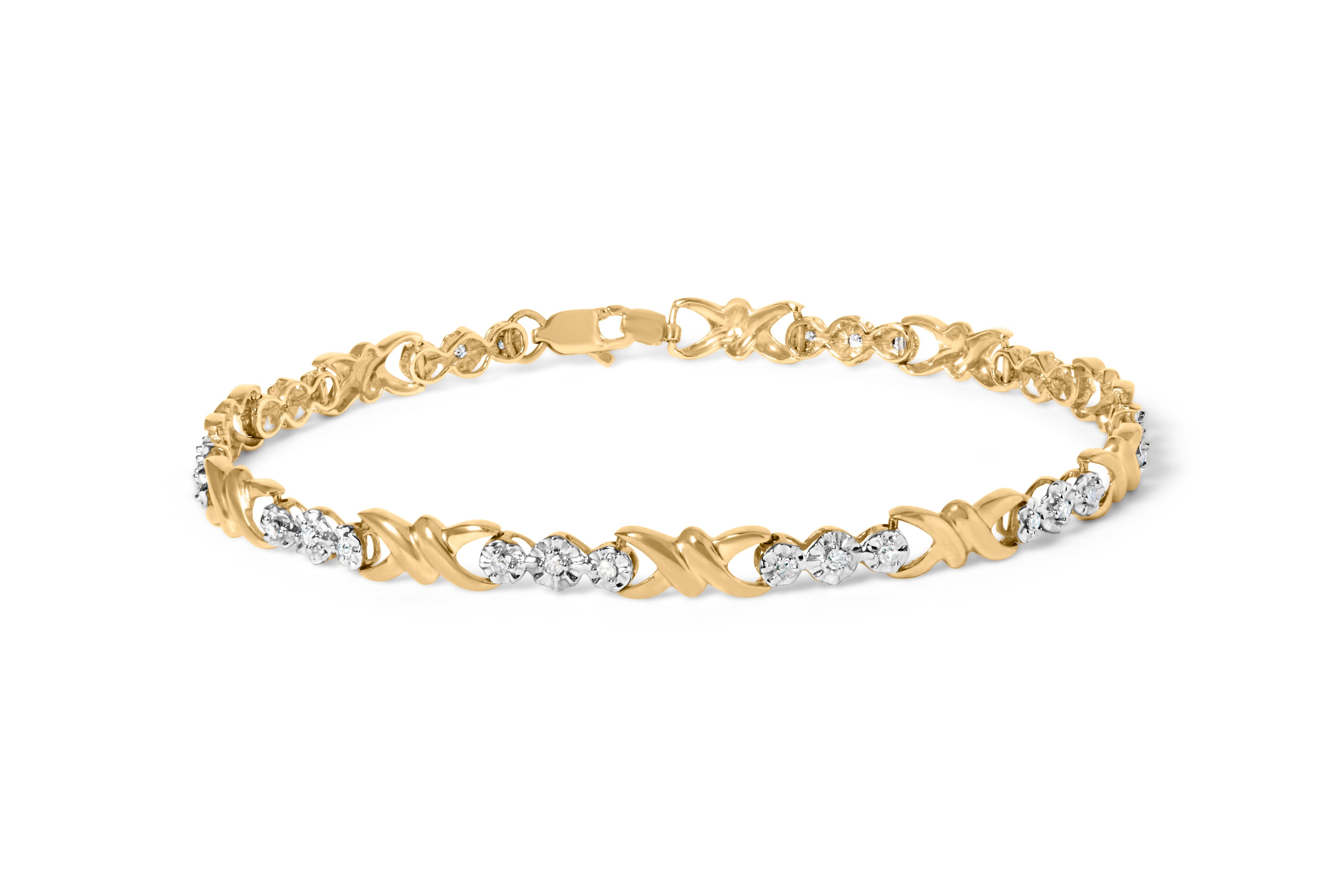 10k Yellow Gold 1/3 Carat Total Weight Diamond 3 Stone and X-Link Bracelet (I-J Color, I1-I2 Clarity) - 7.50" Inches