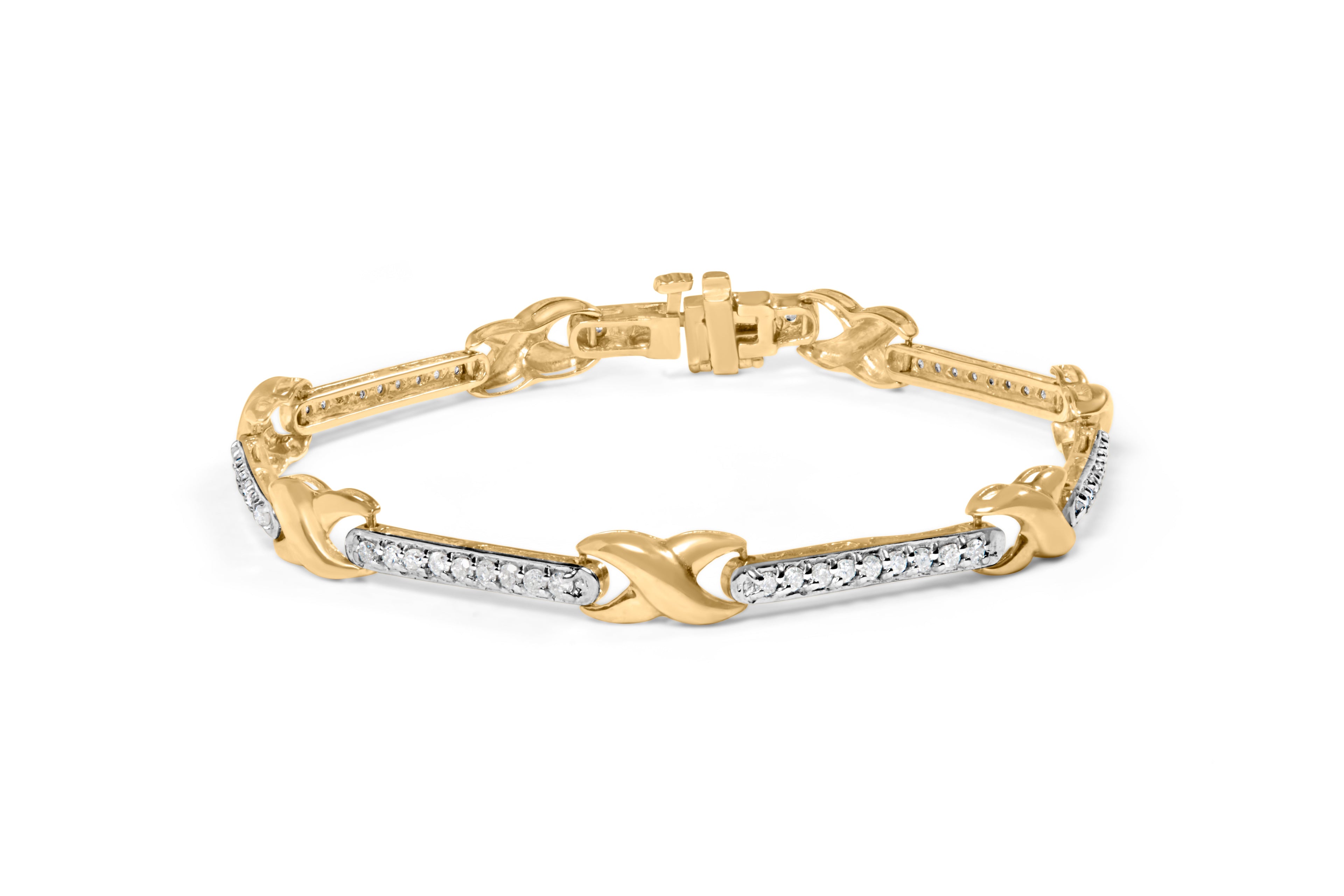 10K Yellow Gold 1.00 Cttw Pave Set Diamond Bar and  X-Link 7" Bracelet (I-J Color, I3 Quality)