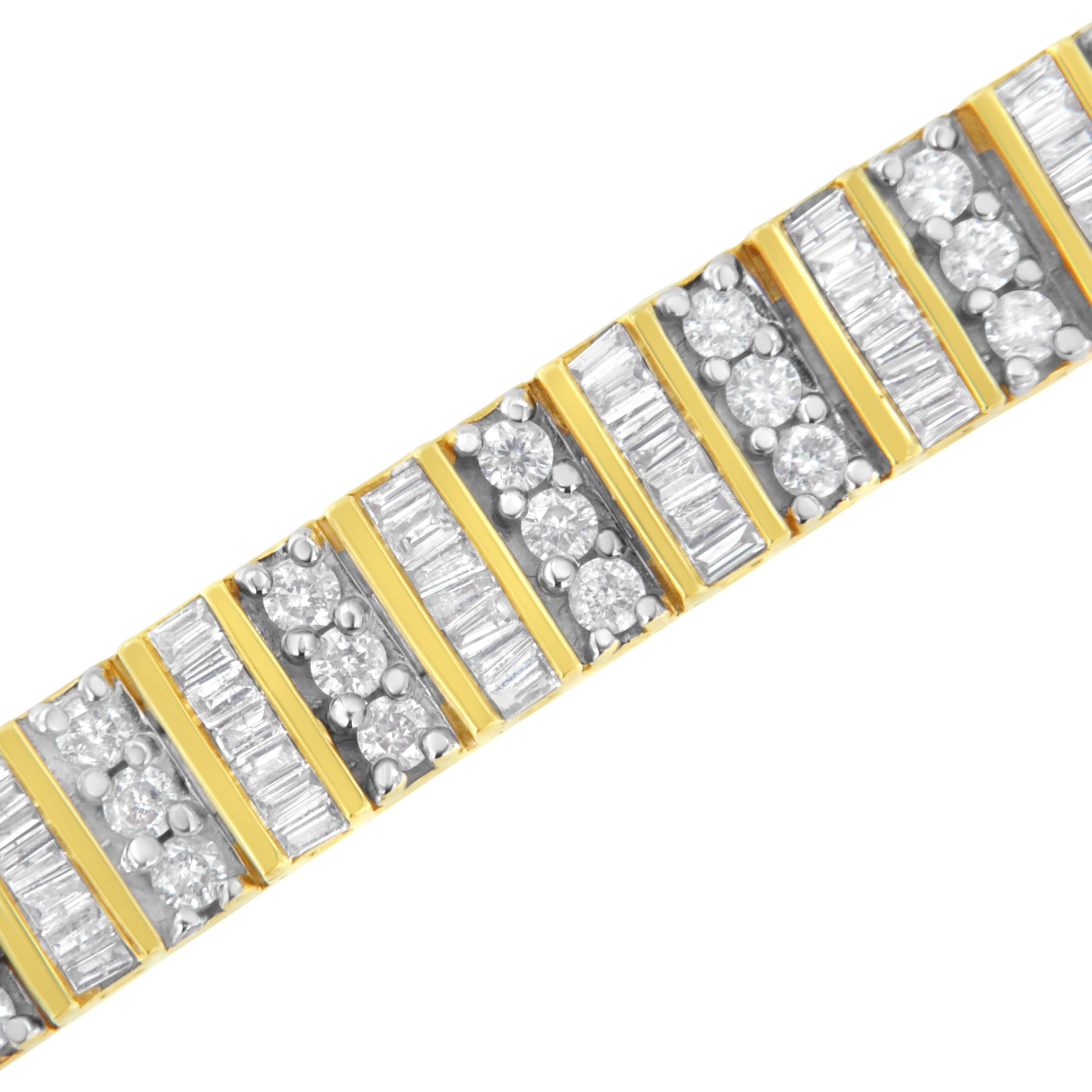 14K Yellow Gold 5.50 Cttw Round and Baguette Diamond Link Bracelet