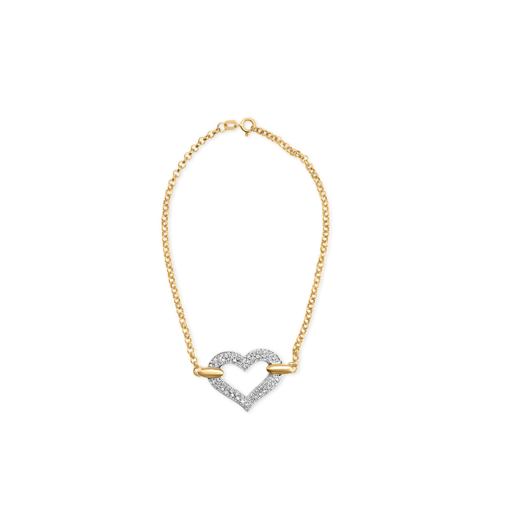 10K Two-Tone Gold 1/4 Cttw Diamond-Encrusted Heart Charm 7" Bracelet (H-I Color, I1-I2 Clarity)