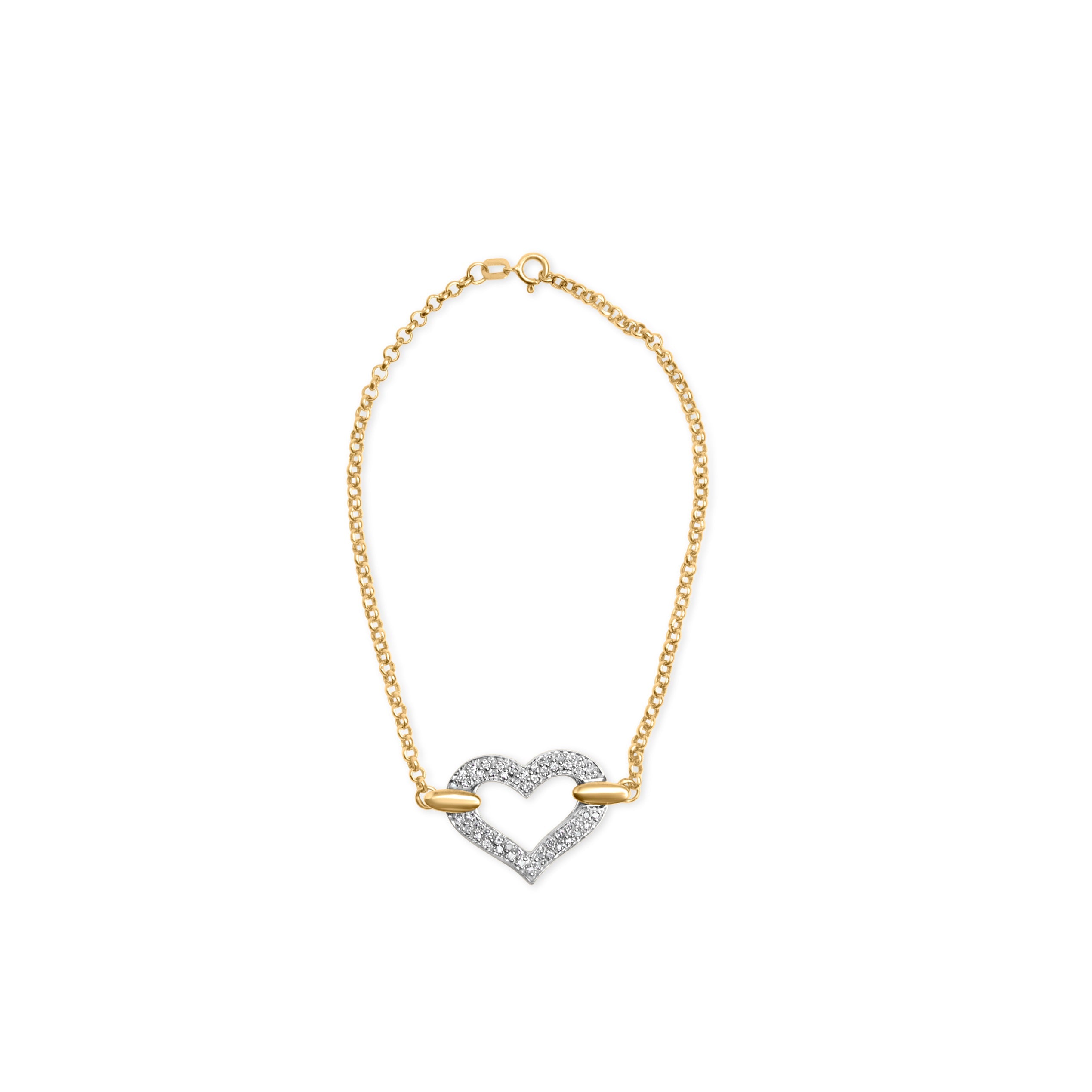 10K Two-Tone Gold 1/4 Cttw Diamond-Encrusted Heart Charm 7" Bracelet (H-I Color, I1-I2 Clarity)