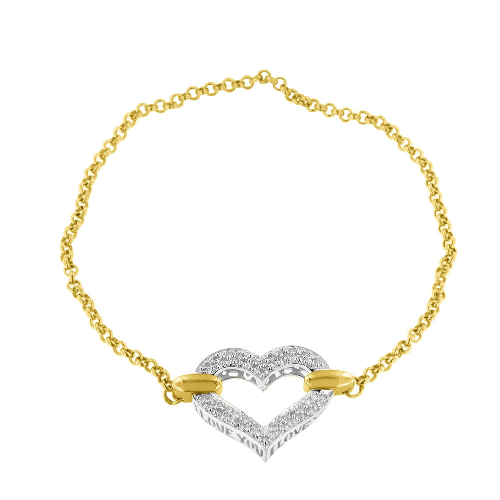 10K Two-Tone Gold 1/4 Cttw Diamond-Encrusted Heart Charm 7" Bracelet (H-I Color, I1-I2 Clarity)