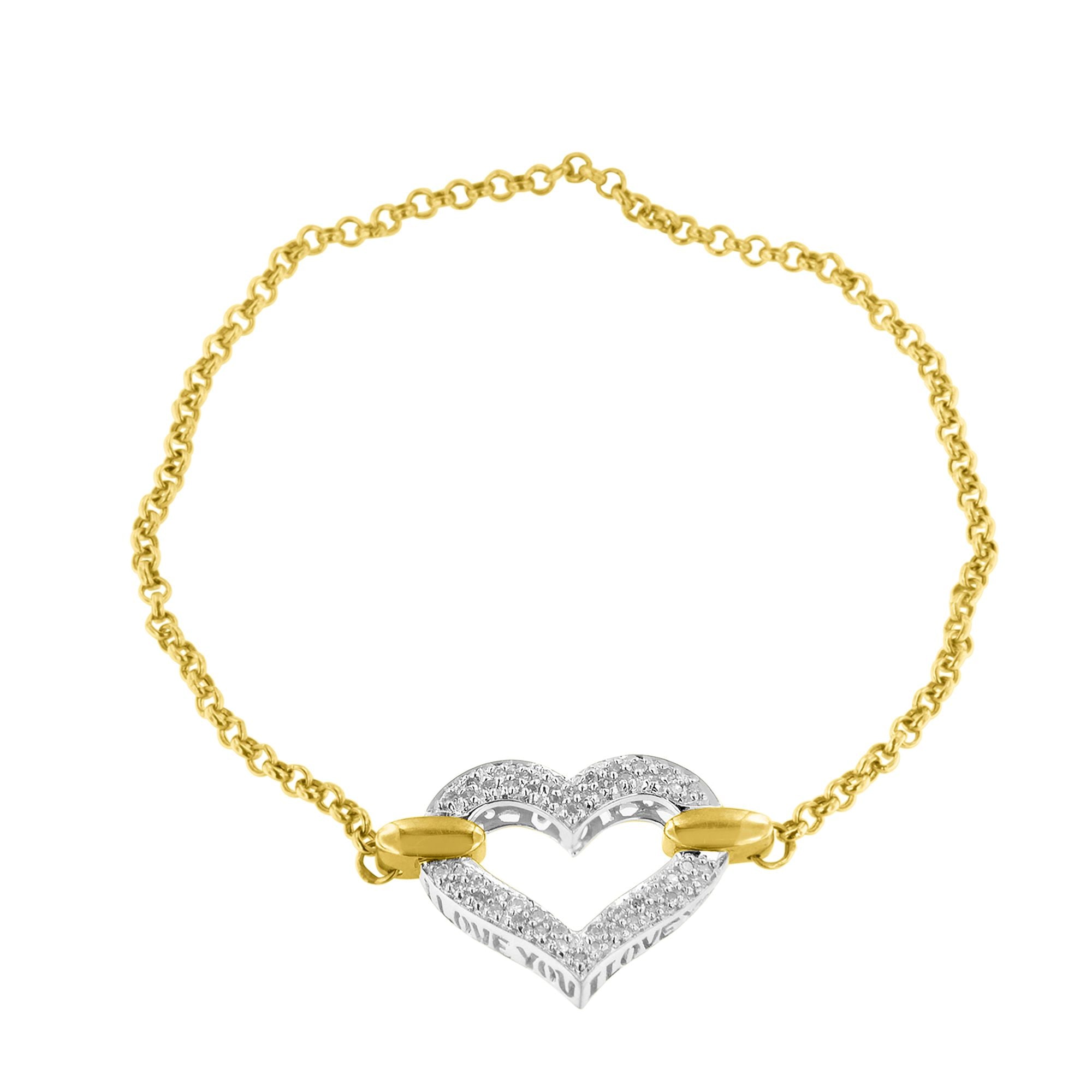 10K Two-Tone Gold 1/4 Cttw Diamond-Encrusted Heart Charm 7" Bracelet (H-I Color, I1-I2 Clarity)
