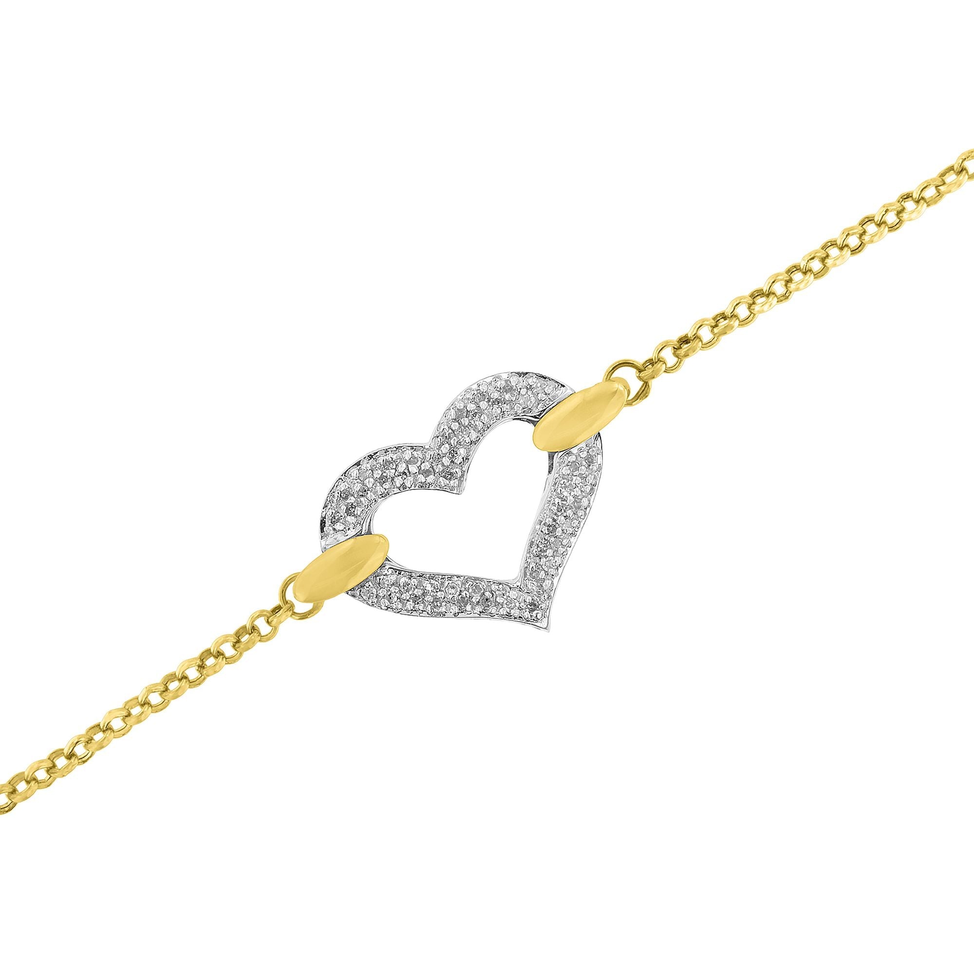 10K Two-Tone Gold 1/4 Cttw Diamond-Encrusted Heart Charm 7" Bracelet (H-I Color, I1-I2 Clarity)
